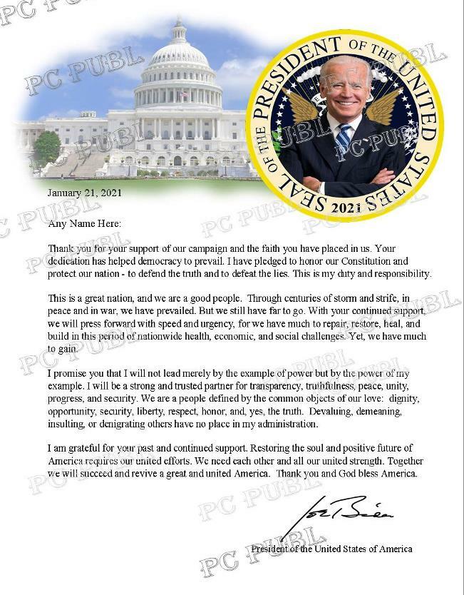 Biden Personalized Thank You Letter Presidential Seal Inauguration Speech