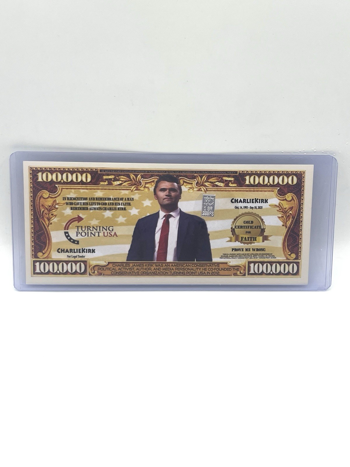 Charlie Kirk Gold Certificate Of Faith 100,000 In Rememberance 1992-2025 R.I.P.