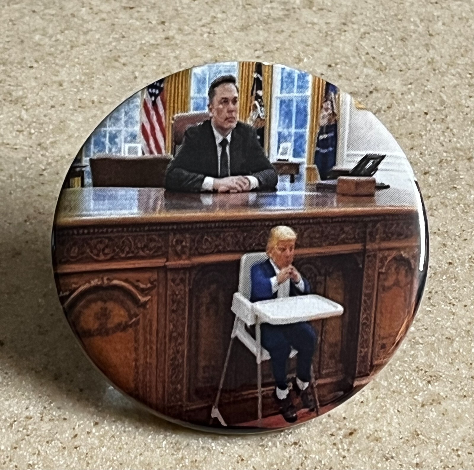 “President Elon, Baby Trump” Pin-Back Button, 2 1/4 inch.