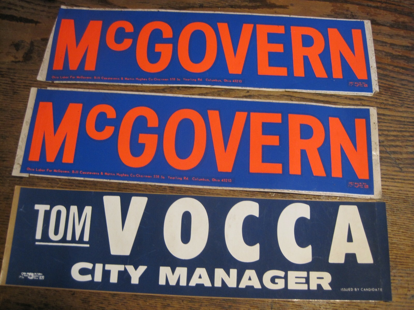 McGovern Bumper Sticker LOT OF 2-OHIO LABOR FOR MCGOVERN-BLUE&ORANGE+TOM VOCCA