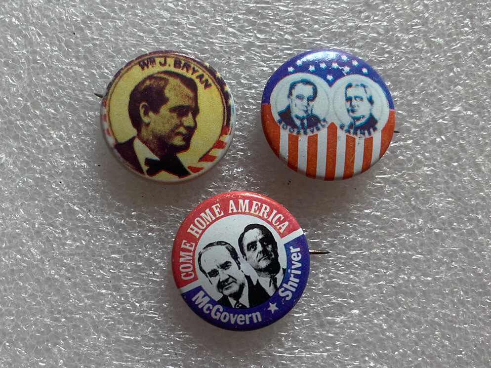 Mixed Lot of 3 Reproduction 1976 WJ Bryan Roosevelt McGovern/Shriver pin buttons