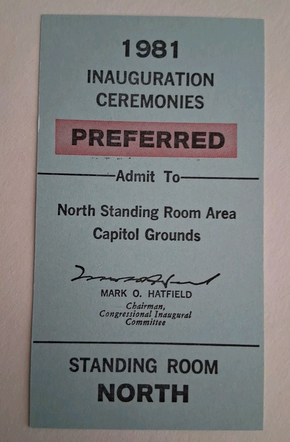 1981 Ronald Reagan Inauguration Ceremonies Preferred Ticket