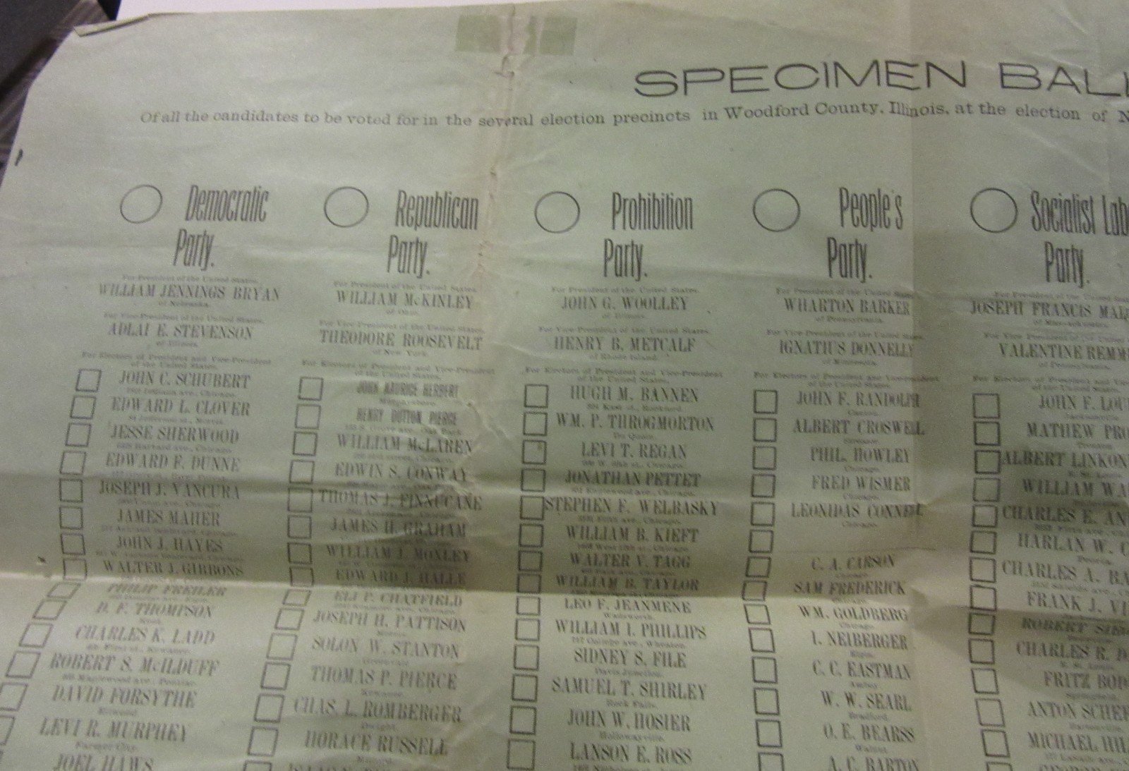 1904 McKinley Roosevelt Bryan Presidential Election Specimen Ballot Illinois
