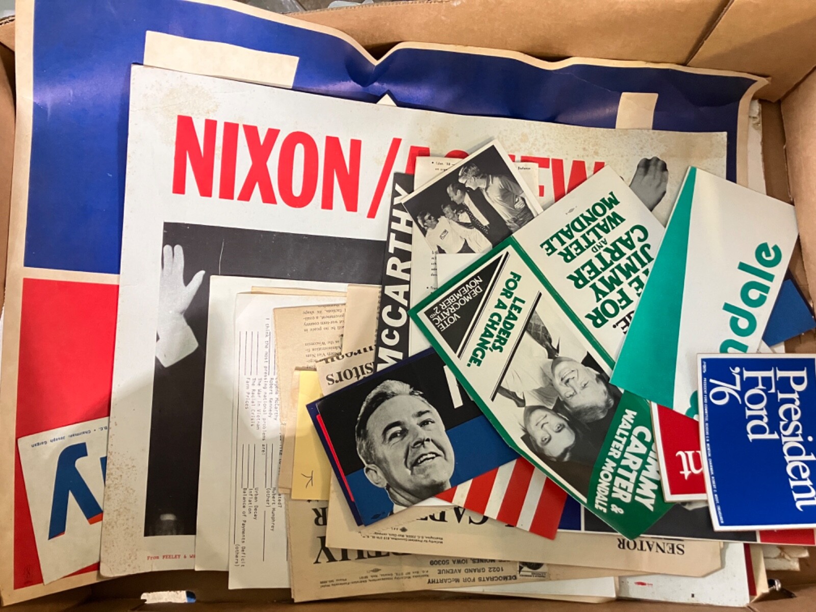 BOX LOT VTG POLITICAL POSTERS BUMPER STICKERS NIXON FORD MCCARTHY ERA 60s 70s