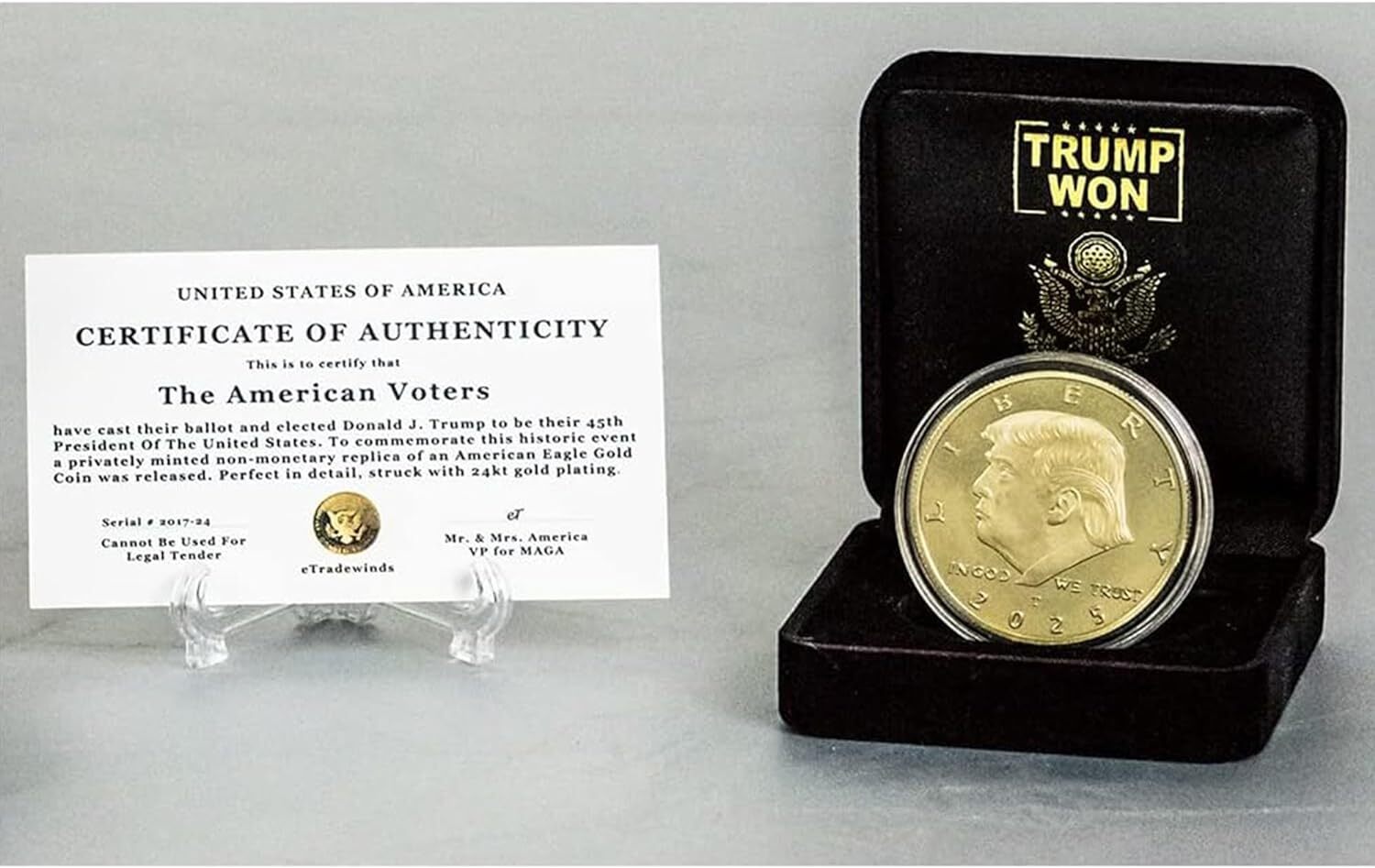 Donald Trump Won 2025 Gold Coin in Velvet Display Case – 47Th Presidential Comme