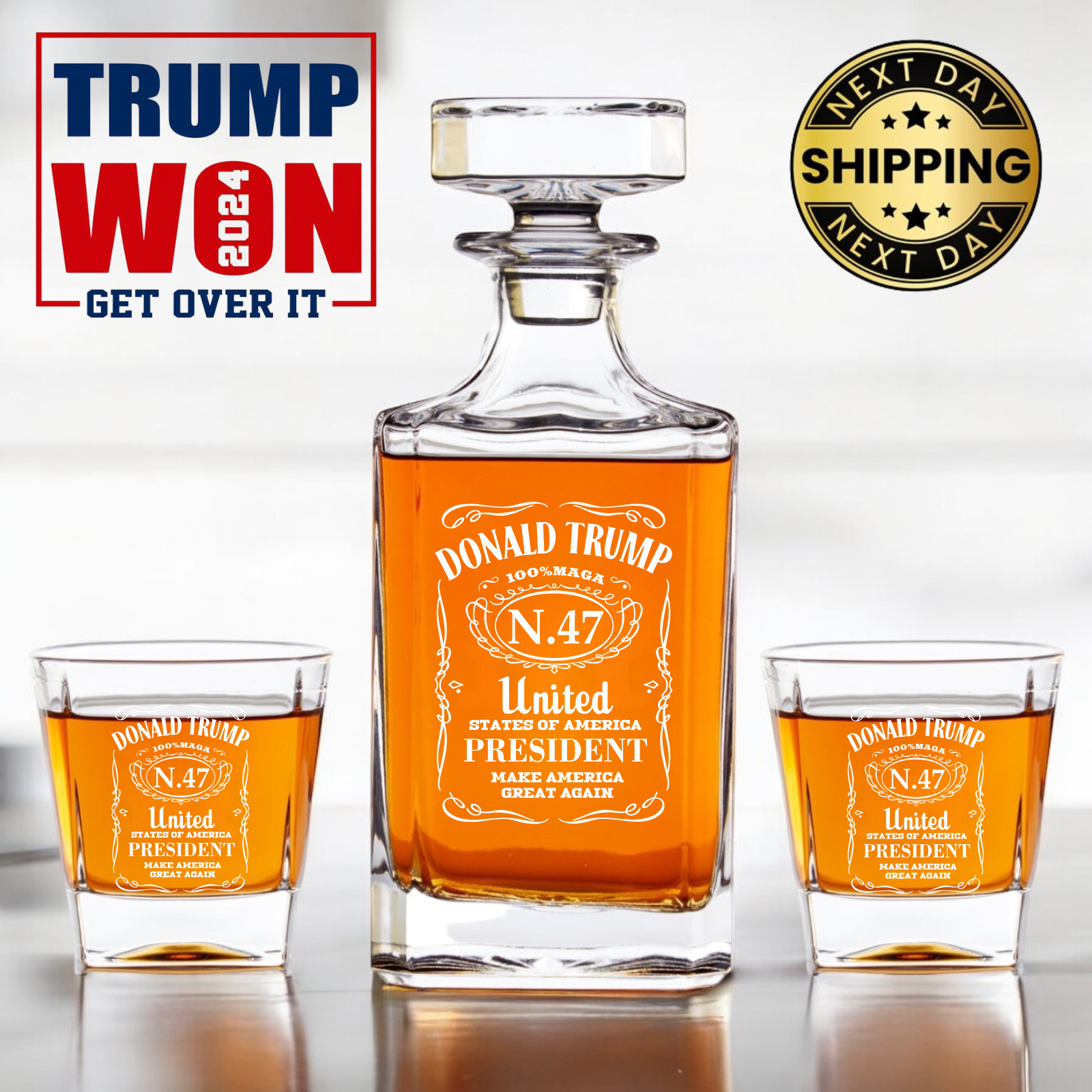 Donald Trump N.47 US President- Engraved Whiskey Decanter +2 Glasses