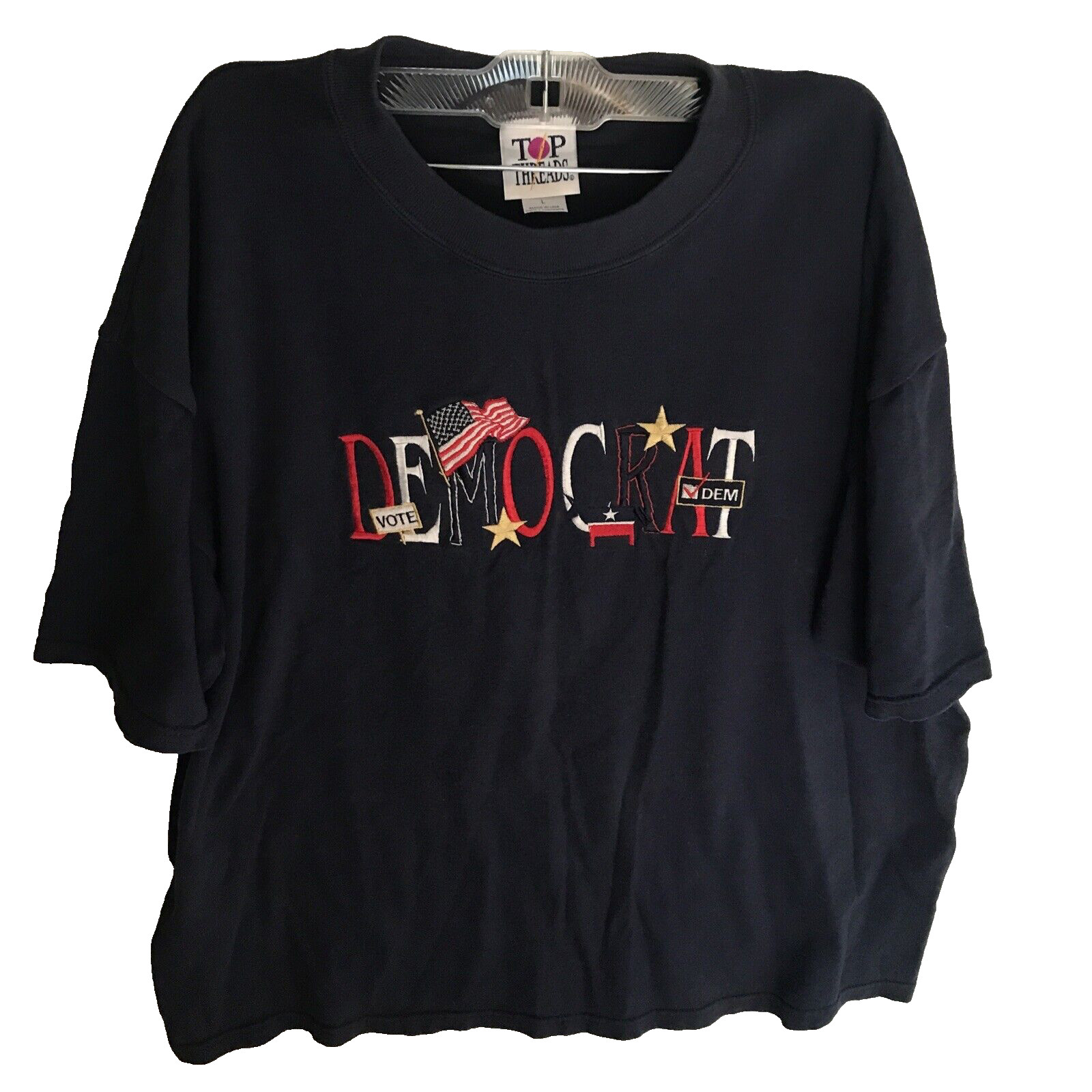 Top Threads Made In USA 💯 Cotton DEMOCRATS Embroidered Blue Vtg. Tshirt L
