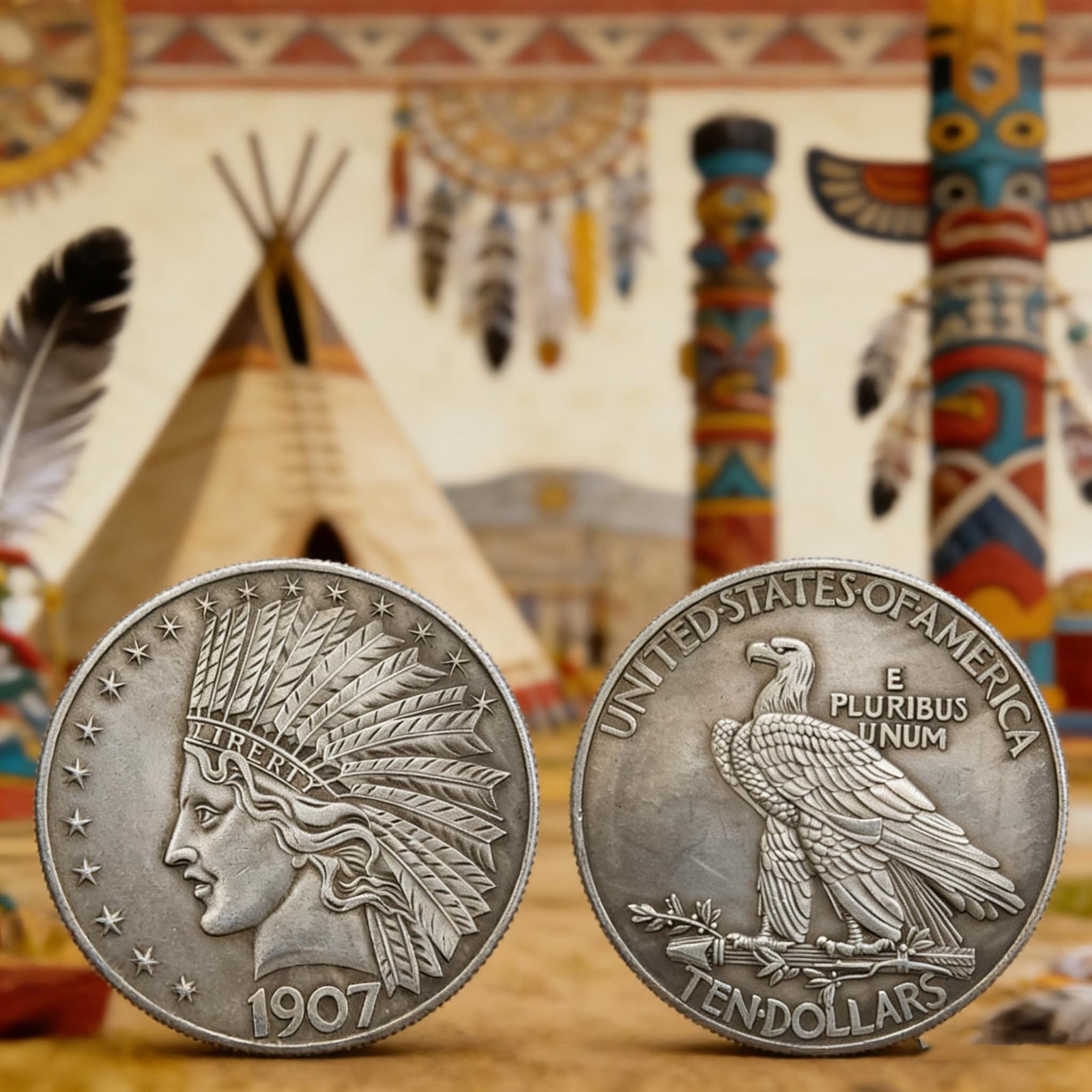 2PCS 1907 Antique Liberty Indian Head $10 Dollar Coin, Uncirculated Morgan Sil