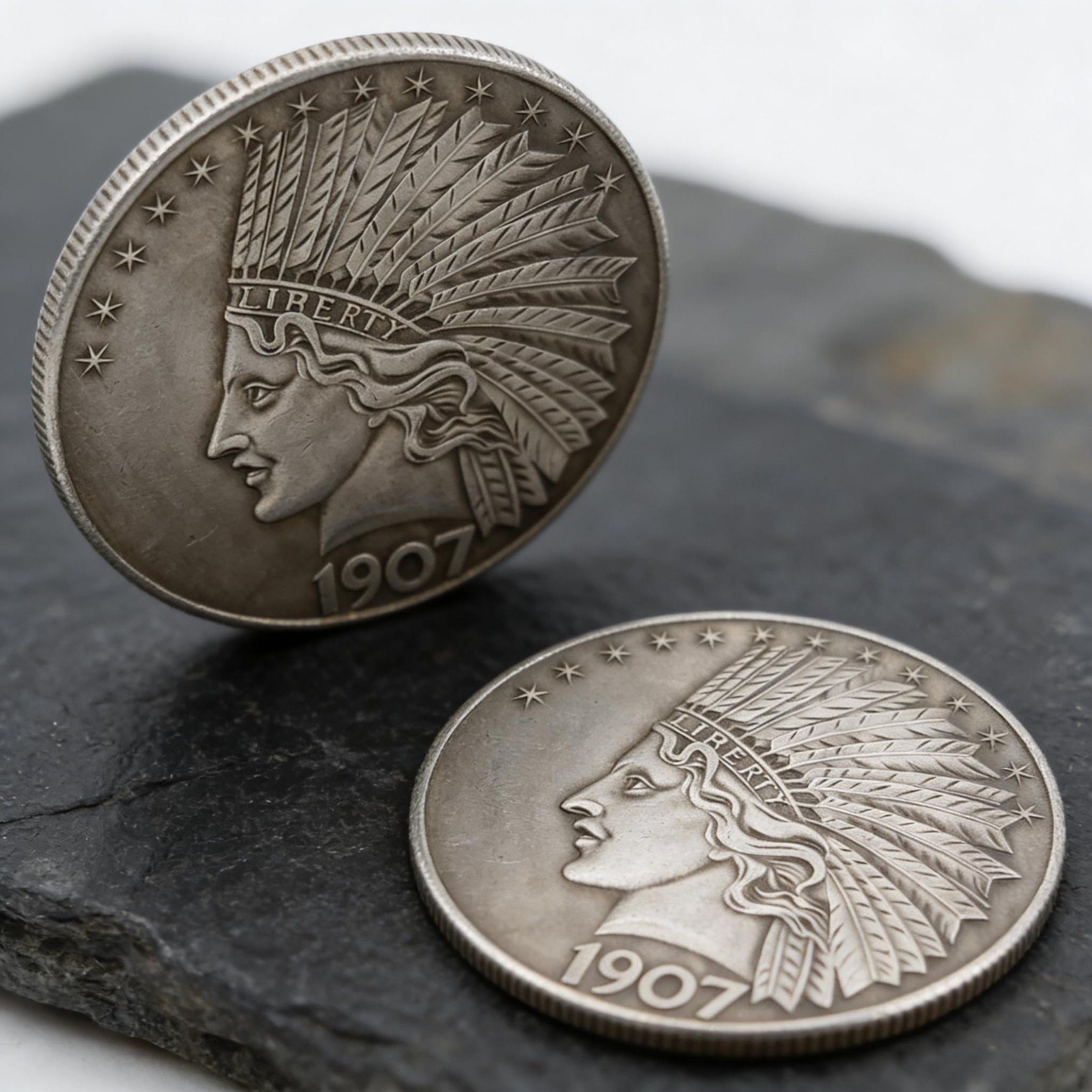 2PCS 1907 Antique Liberty Indian Head $10 Dollar Coin, Uncirculated Morgan Sil