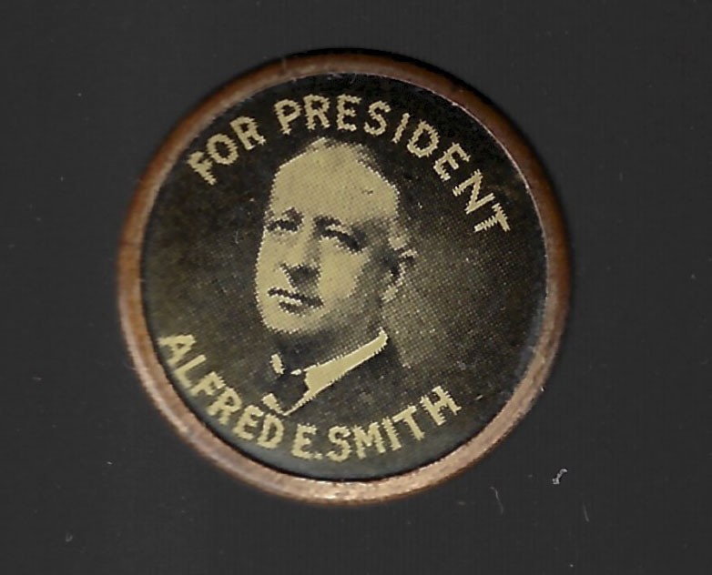 1928 Al Smith Presidential Campaign Celluloid Lapel Stud with a Gold Rim