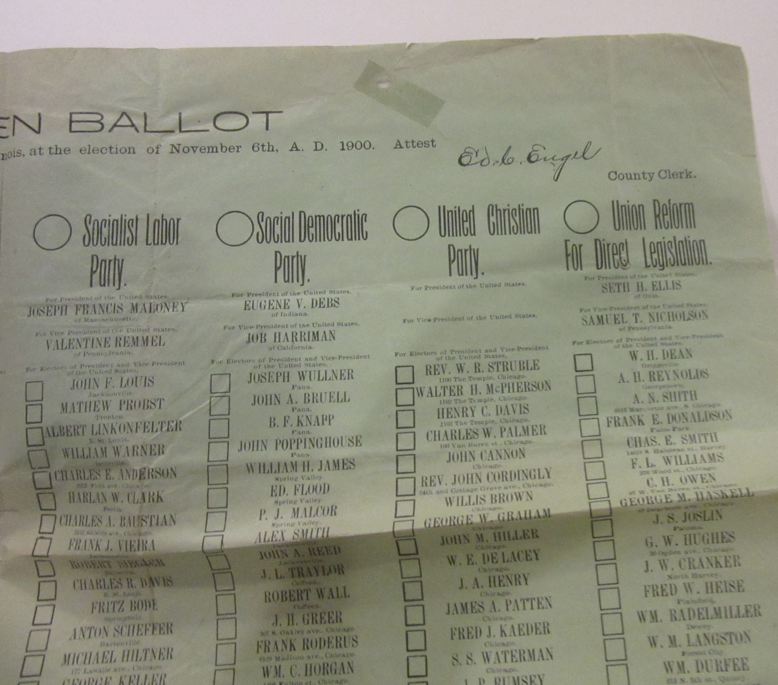 1904 McKinley Roosevelt Bryan Presidential Election Specimen Ballot Illinois