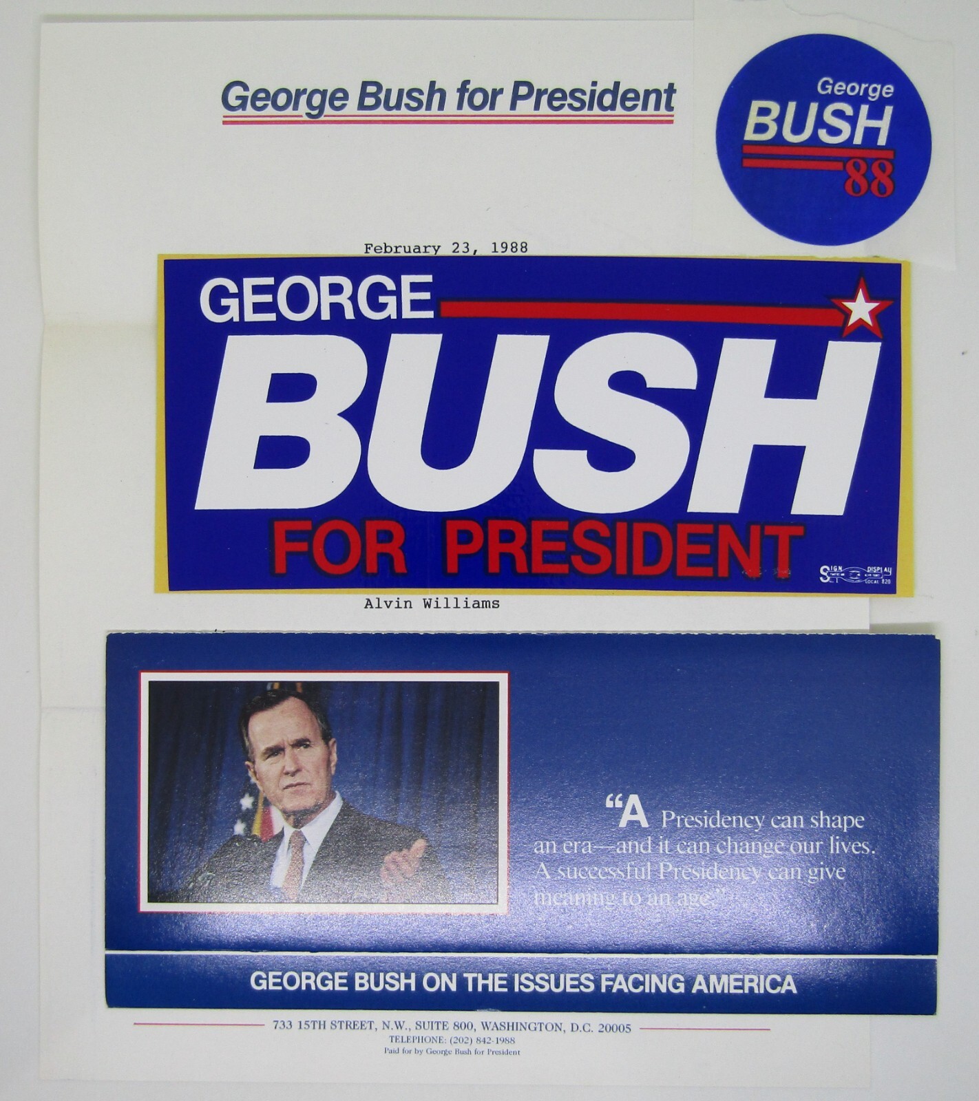 George Bush 1988 Presidential Campaign Bumper Sticker and Letter