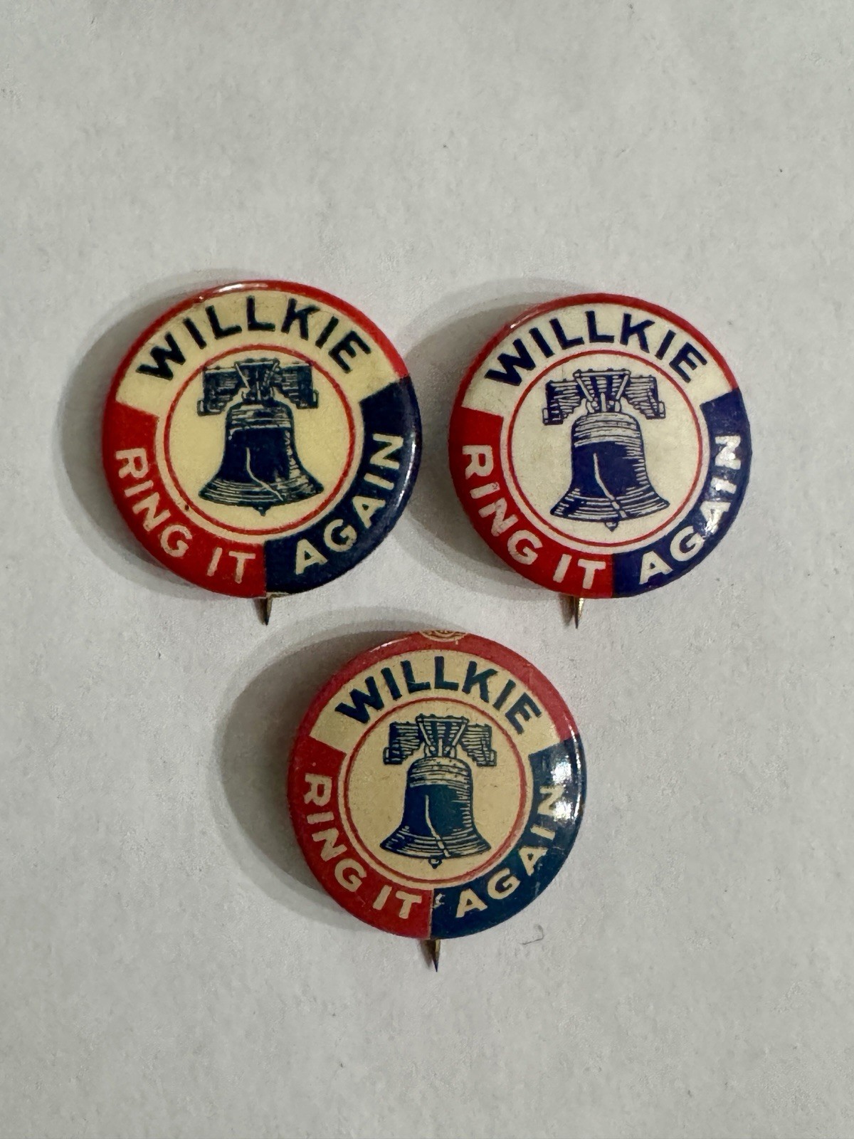 1940 WILLKIE – RING IT AGAIN BELL 7/8” POLITICAL CAMPAIGN BUTTONS ALL DIFF GROUP