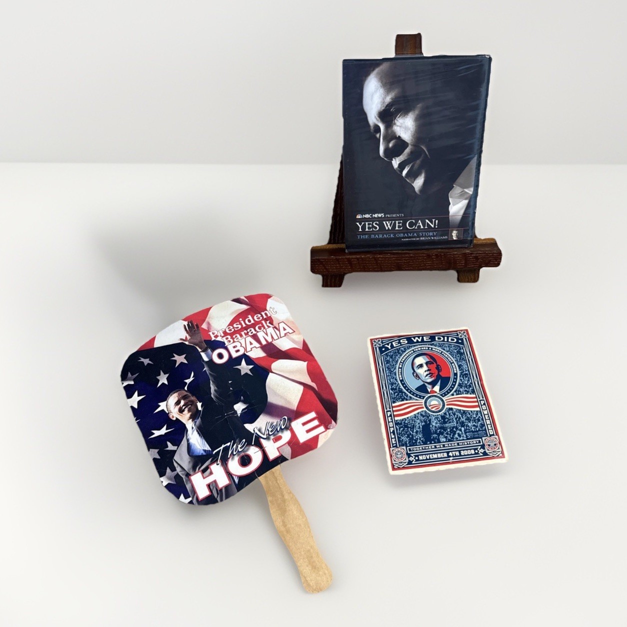Lot 3 Barack Obama Political Campaign Memorabilia-sticker Paper Fan, Sealed DVD