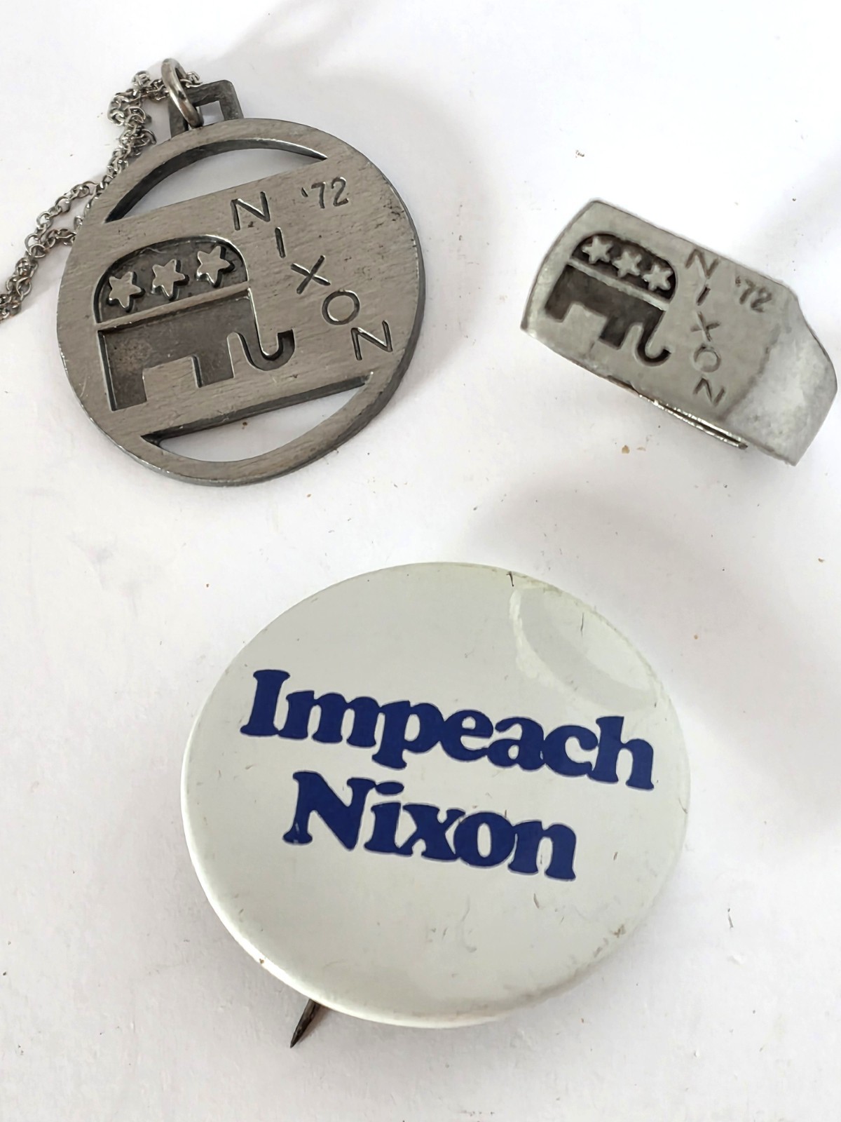 Watergate Era BUNDLE “Nixon ’72” Pendant Necklace & Ring & Impeach Nixon Pin