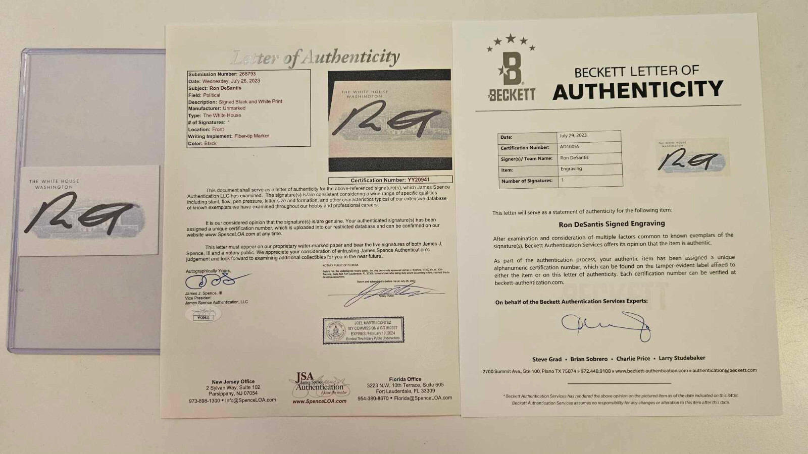 RON DESANTIS SIGNED WHITE HOUSE CARD FLORIDA GOVERNOR JSA BECKETT TRUMP