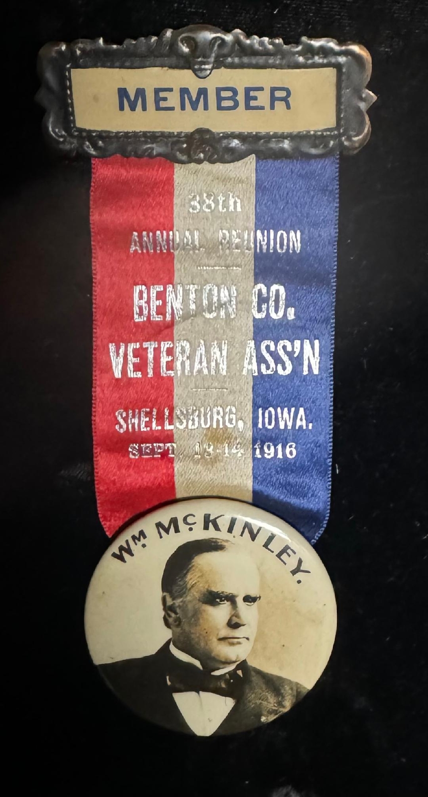 1916 IOWN VETERAN’S ASSOCIATION RIBBON-BADGE W/ 1 3/4″ McKINLEY CELLULOID-MINT!