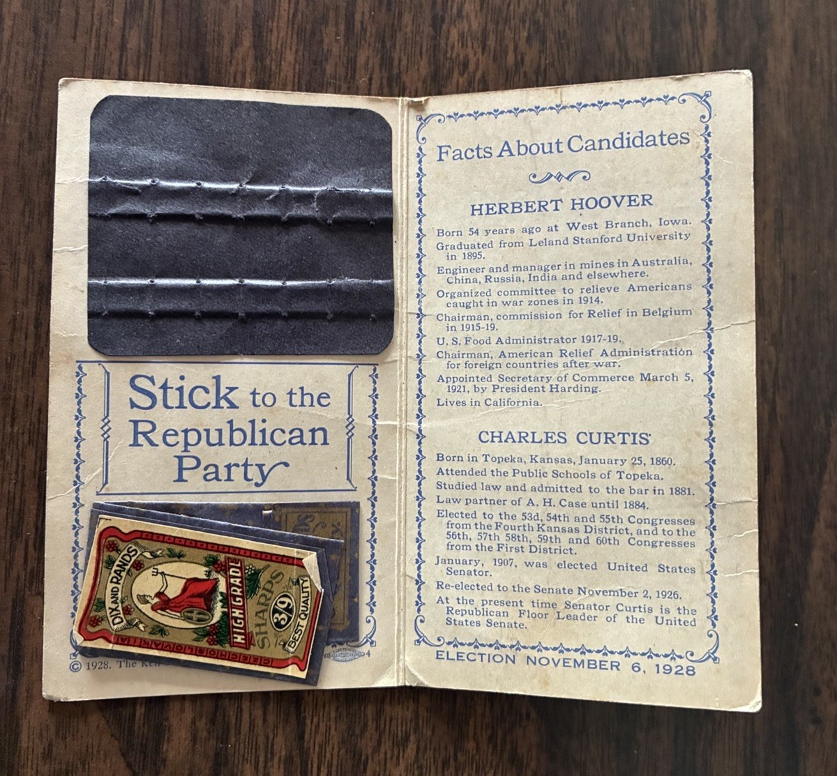 Vintage 1928 PRESIDENT HERBERT HOOVER Needle Swing Kit GOP REPUBLICAN PARTY