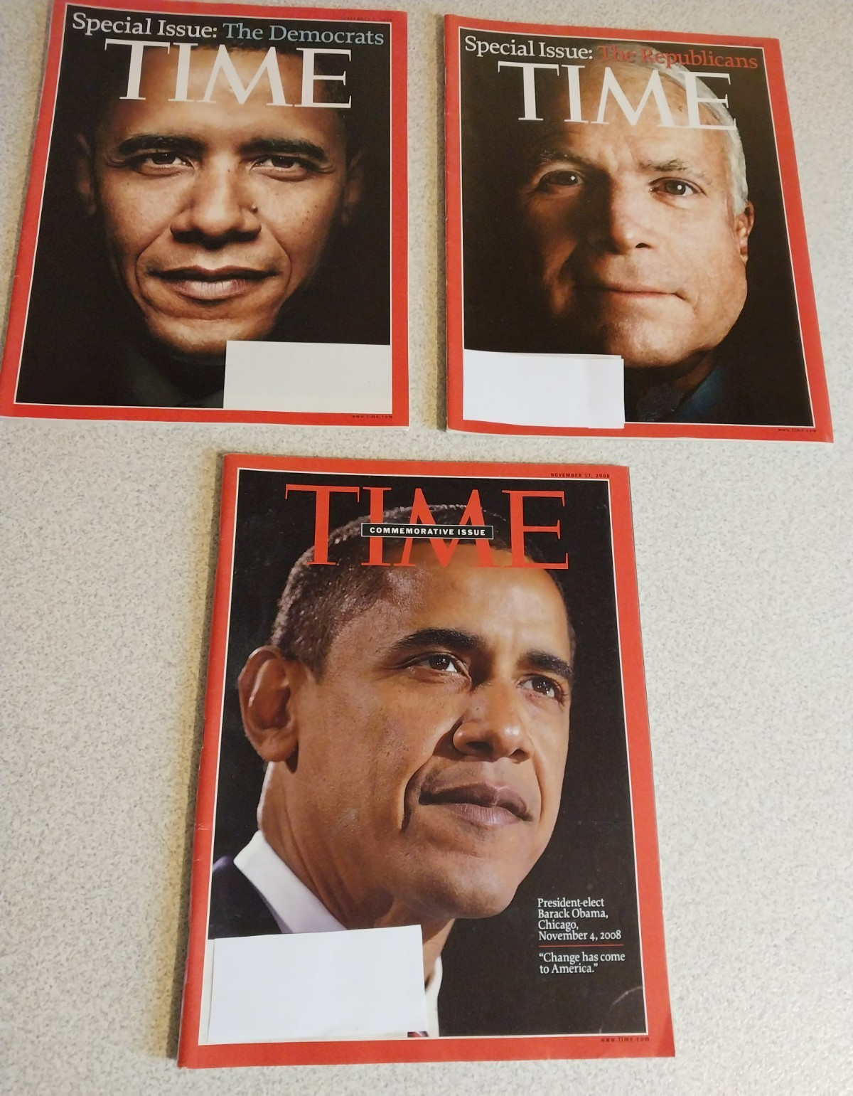 3 TIME MAGAZINES 2008 PRESIDENTIAL ELECTION DEMOCRATS REPUIBLICANS OBAMA McCAIN