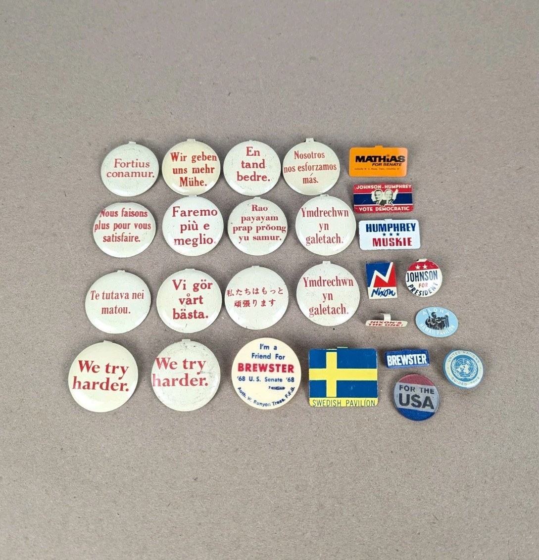 Vintage 60s Lot 25 Presidential Campaign Buttons Pins Clip LBJ Nixon Brewster UN