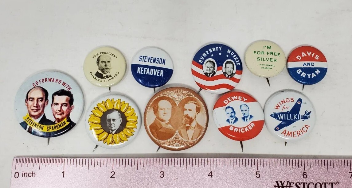 Mixed Lot of Campaign Political Pins Buttons Vtg Dewey Stevenson Willki More