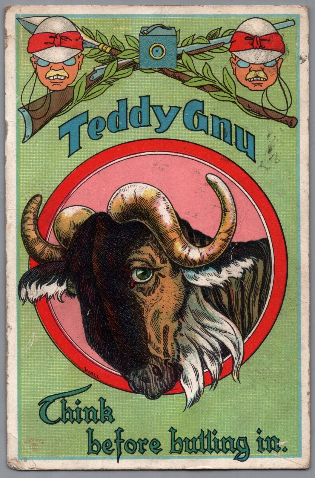 1918 Otsego MI Presidential Campaign Humor Teddy Roosevelt Gnu Hunting Postcard