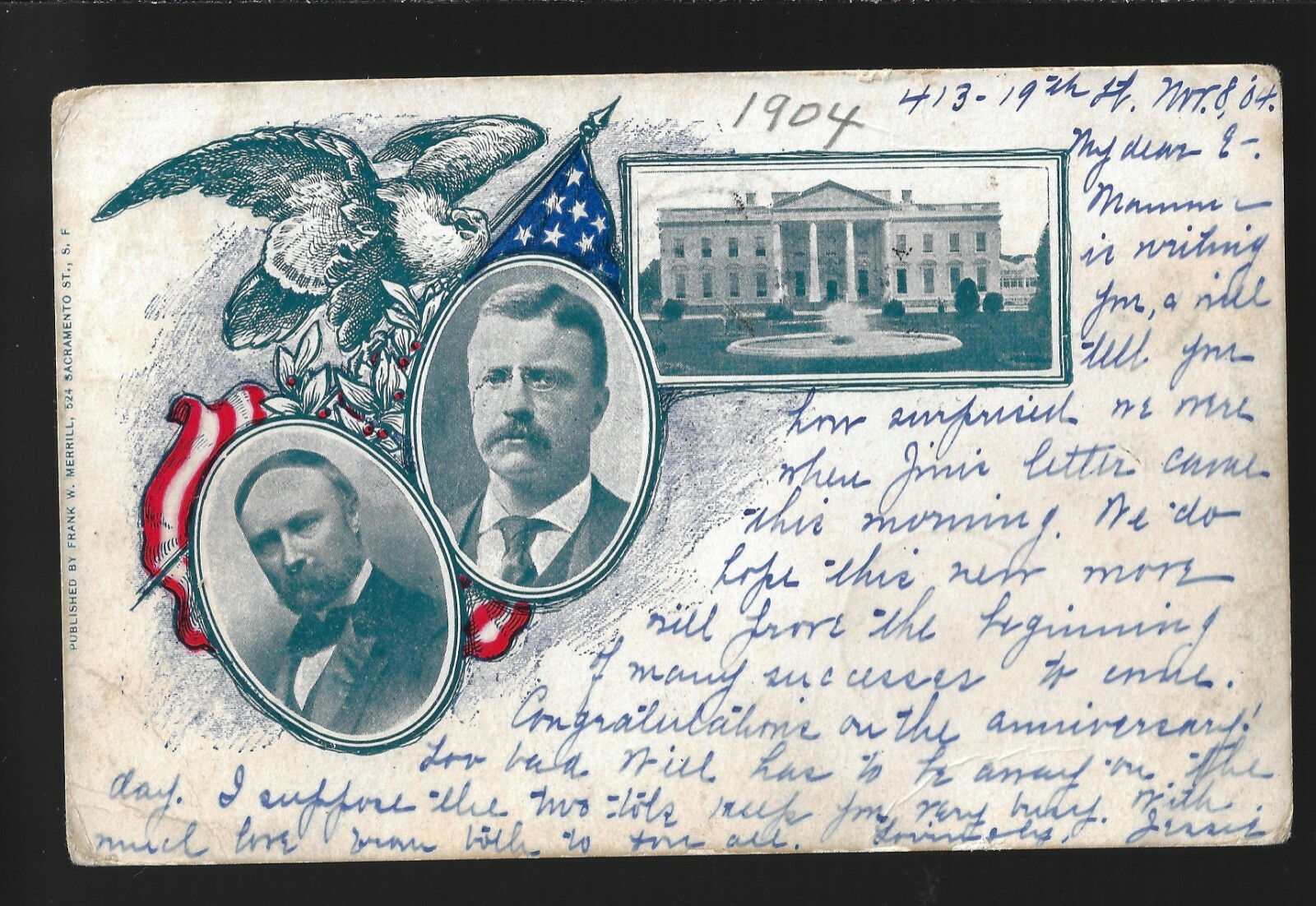 1904 Roosevelt Fairbanks San Fran Jugate Campaign Postcard Eagle Flag WH Green