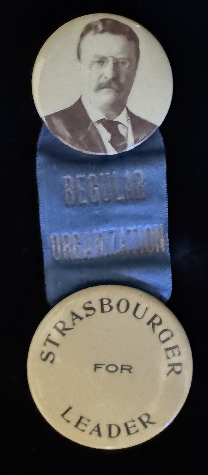 ca 1904 TEDDY ROOSEVELT/SAMUEL STRASBOURGER COATTAIL CELLULOIDS/RIBBON-nr MINT!