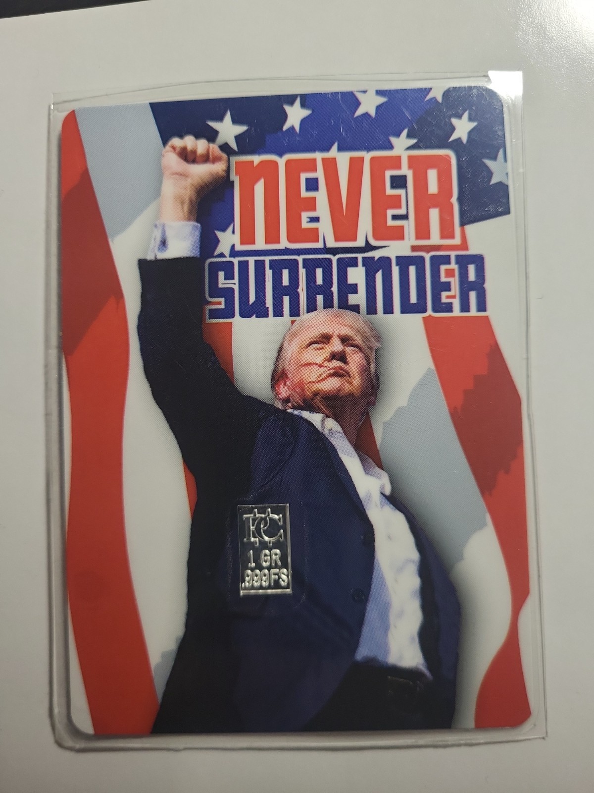 1 GRAM Fine Silver .999 Ingot – Handmade Trump Never Surrender Trading Card