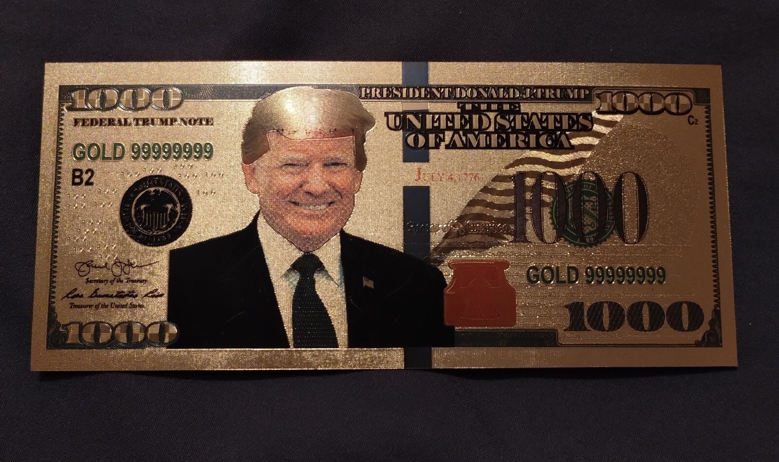 TRUMP Donald Republican 2020 President Gold Finish 24K $1000 Dollar Novelty Bill