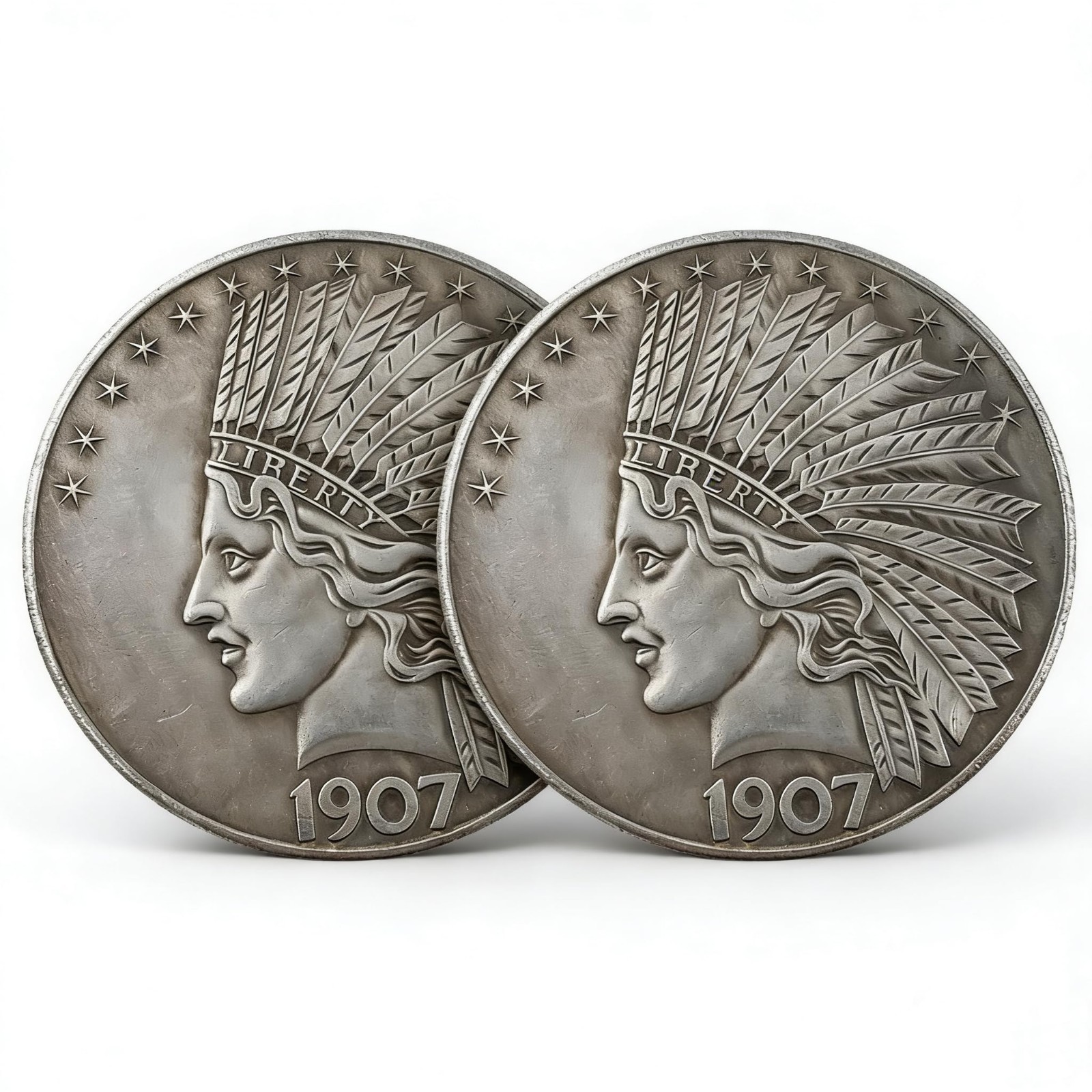 2PCS 1907 Antique Liberty Indian Head $10 Dollar Coin, Uncirculated Morgan Sil