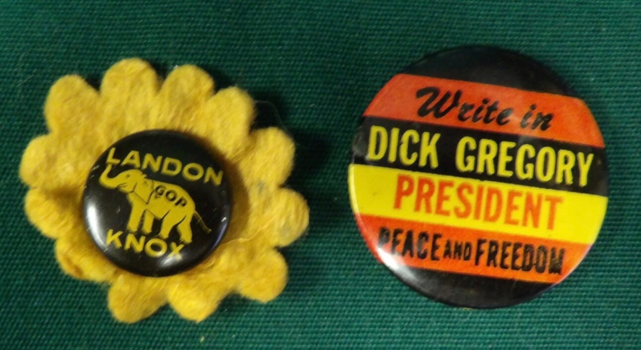 Two Vintage Political Pins – Dick Gregory – Landon & Knox