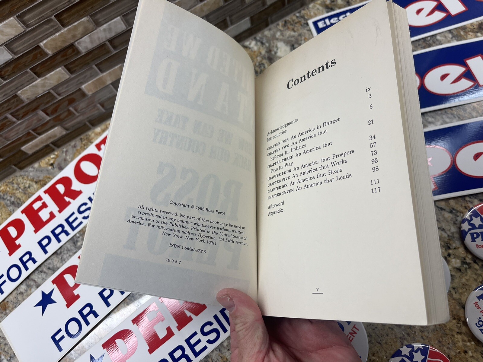 1992 ROSS PEROT Campaign LOT) Stickers / Pins /United We Stand Autographed Book!