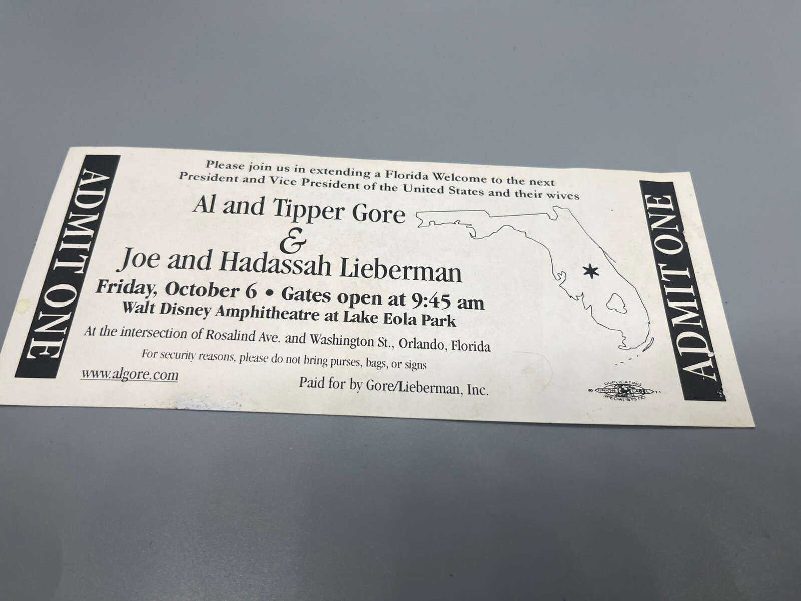 Presidential Candidate Al Gore Single Day Event Ticket Walt Disney World Florida
