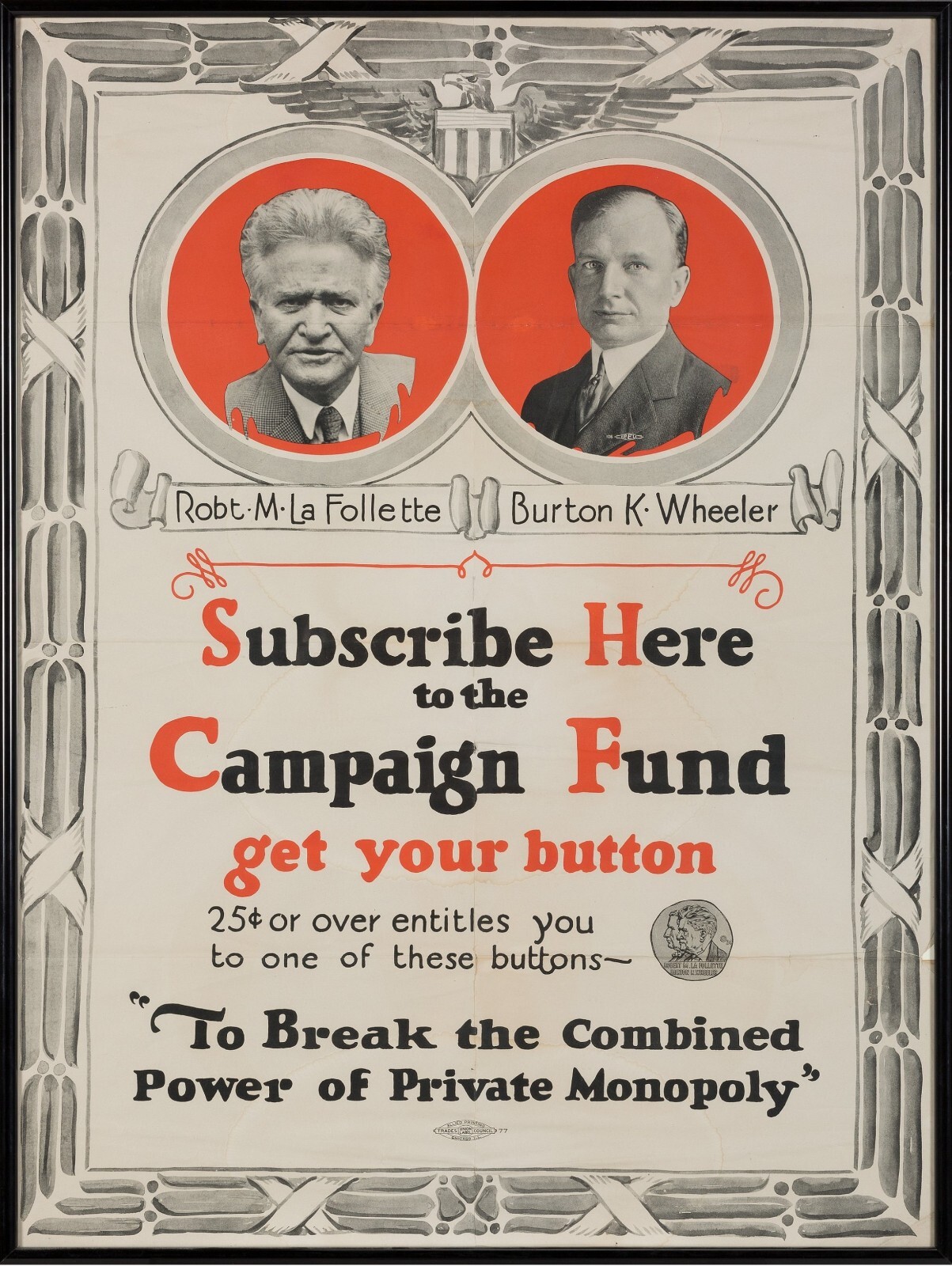 1924 Progressive Party La Follette 4 President NEW Sign 24×30″ USA STEEL XL Size