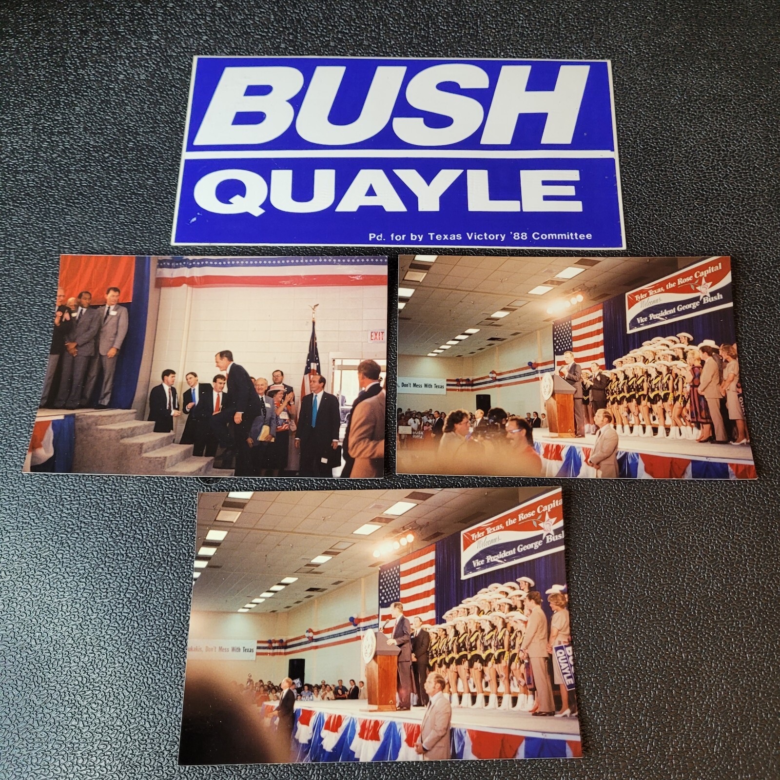 George Bush Dan Quayle 88 Bumper Sticker And 3 Photos From Campaign Stop Texas