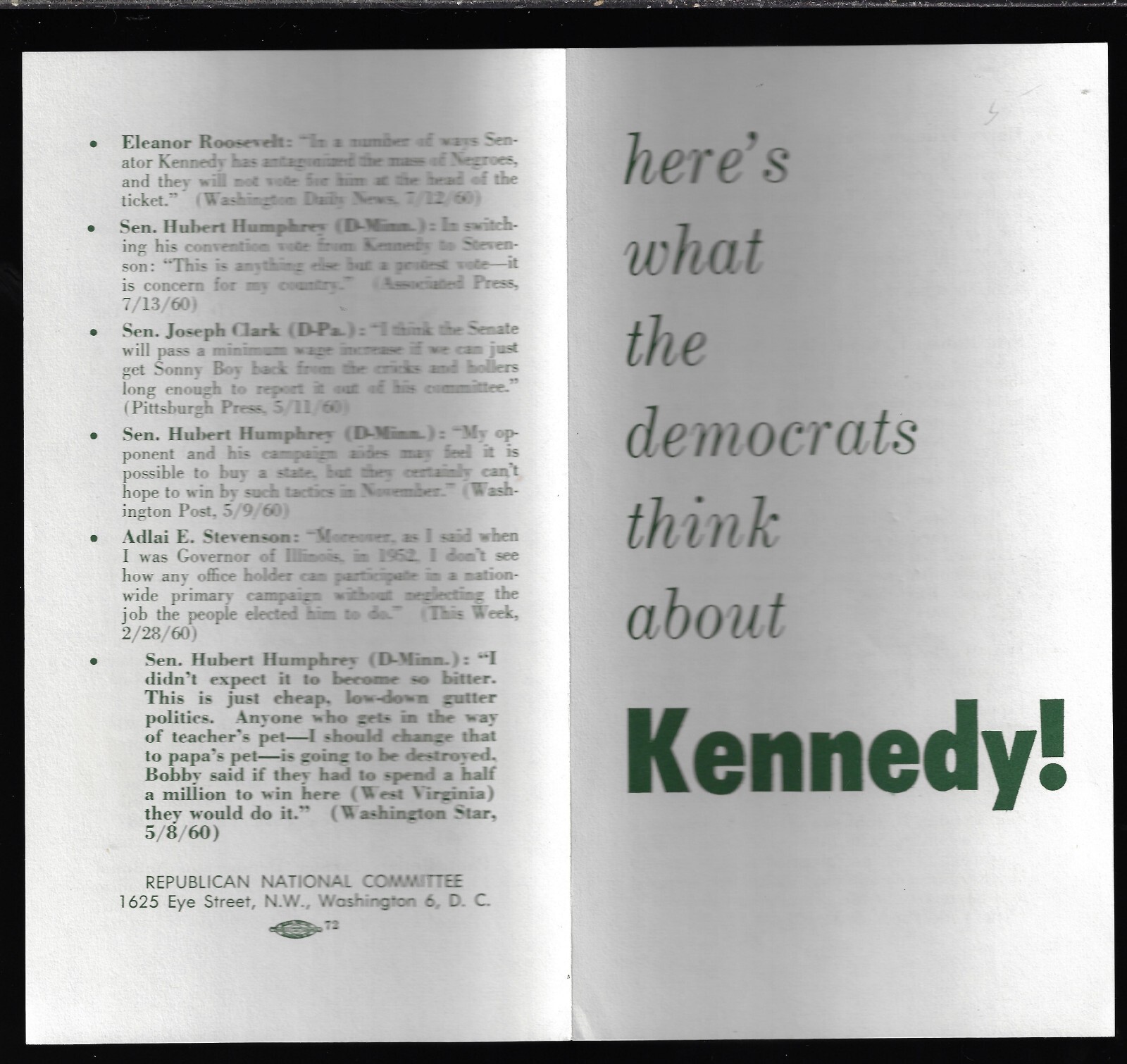 1960 Nixon Prez Campaign Pamphlet What Fellow Democrats THINK About anti-Kennedy