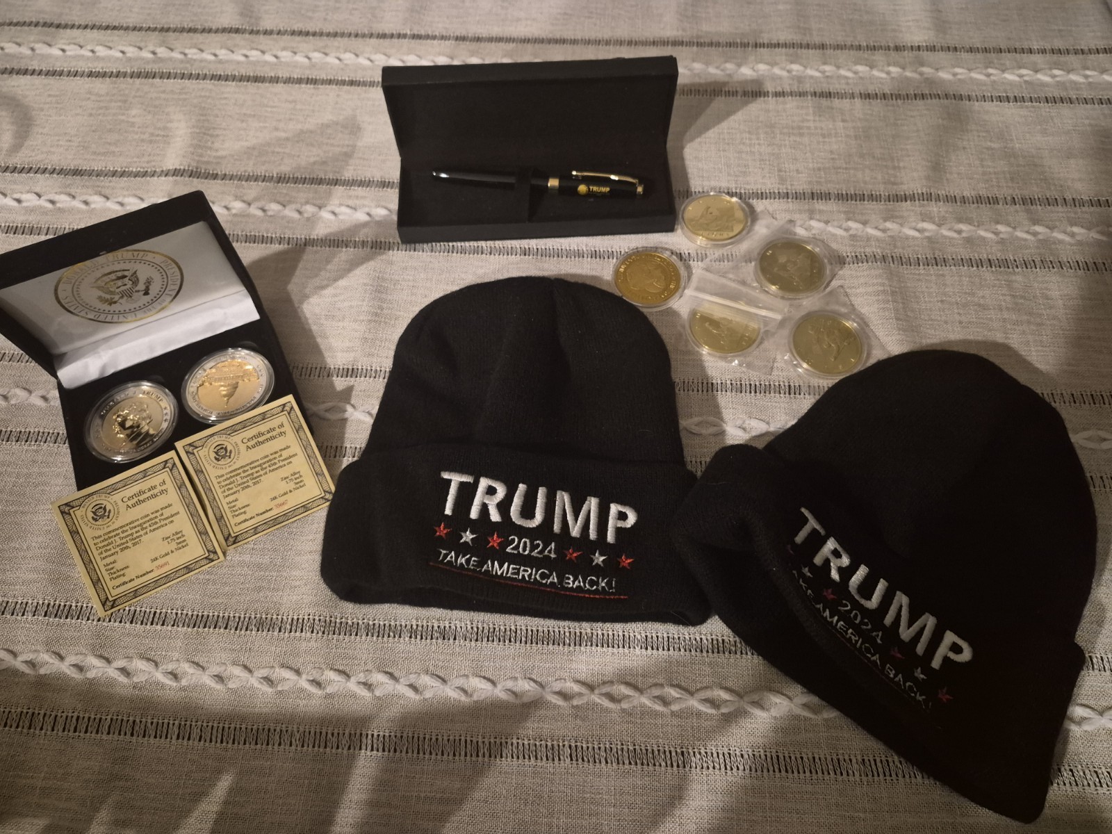 2 Trump 2024 Take America Back Hats w/ Zinc Alloy Coins & Pen, Memerobilia