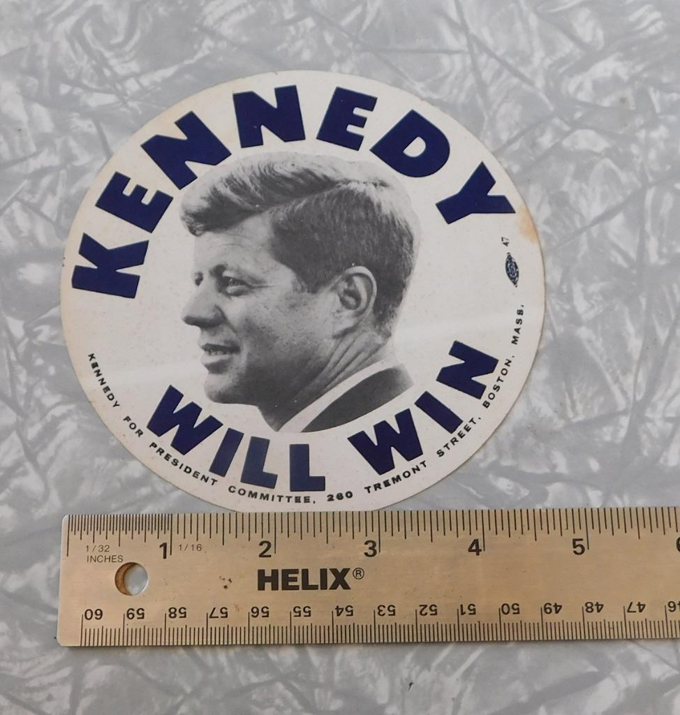 1960 JFK Kennedy Will Win 5″ Lapel Badge union label Campaign Sticker unpeeled