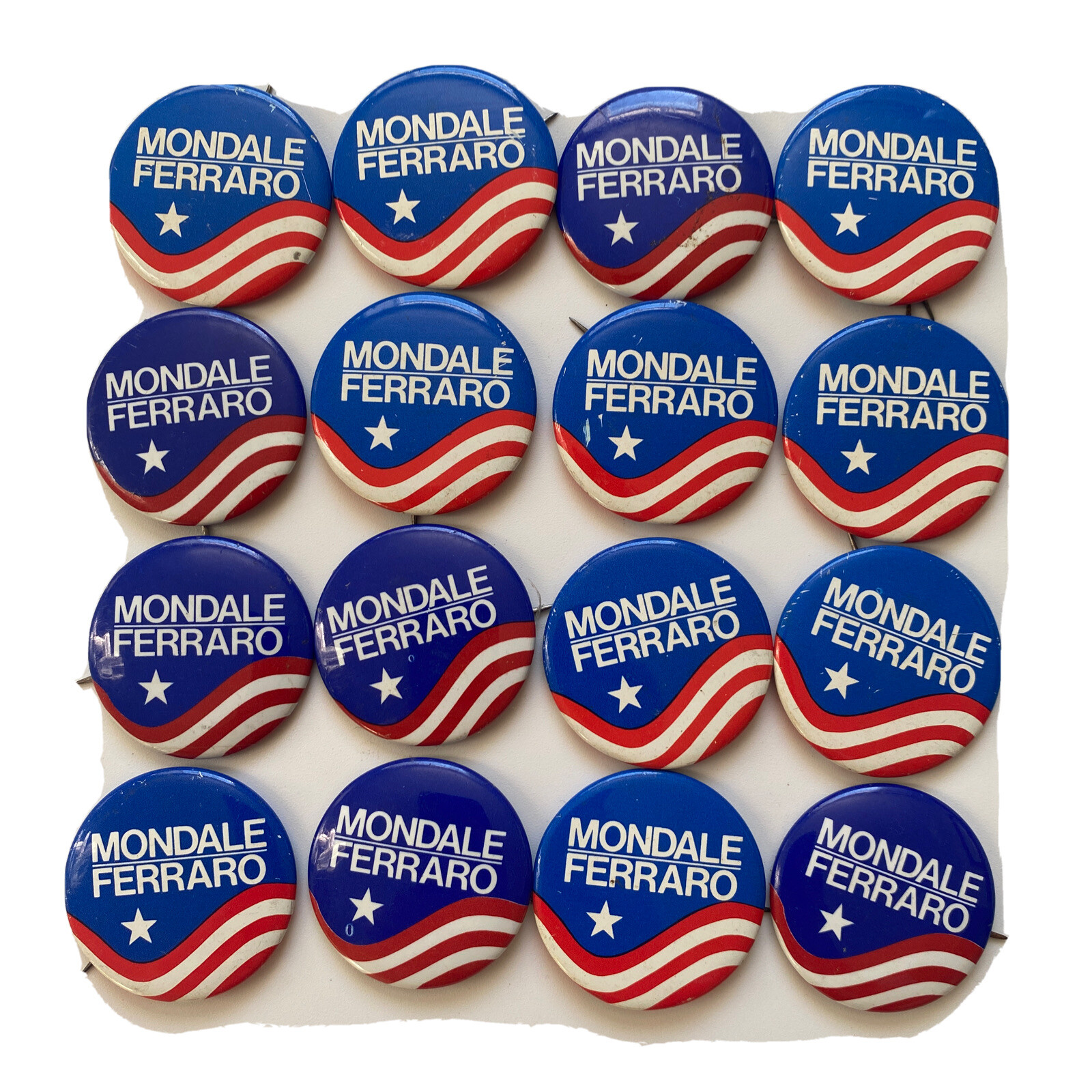 Sixteen 1984 Walter Mondale Geraldine Ferraro 1 3/8″ Buttons 16 Pins Dealer Lot