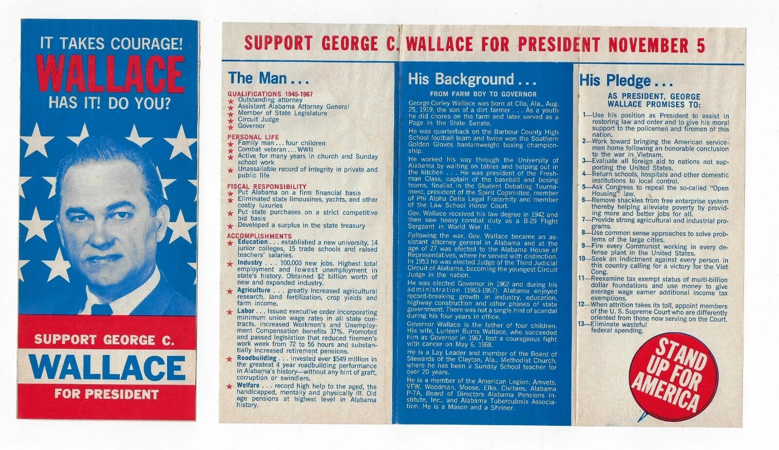 1968 GEORGE WALLACE BROCHURE FLYER campaign pinback button political president
