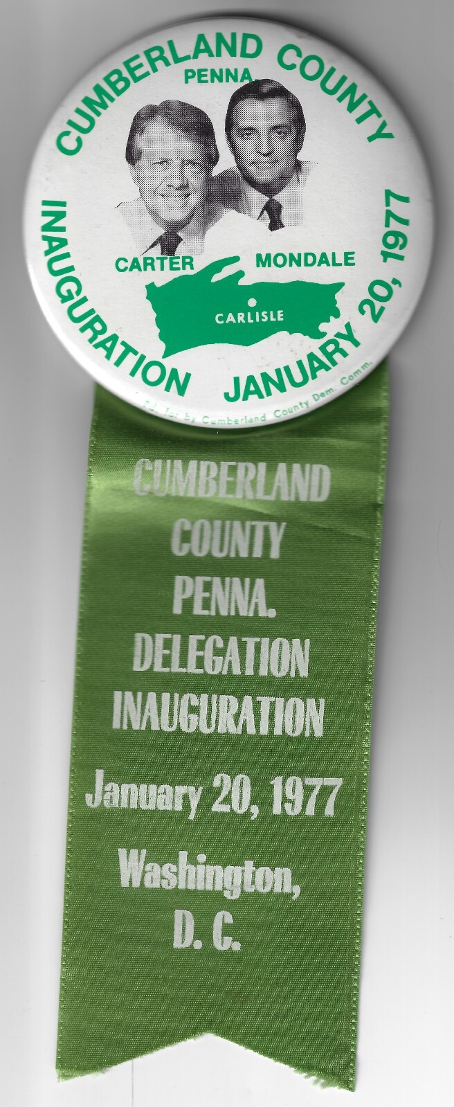 1977 Carter Mondale Inaugural Pin & Ribbon Made for Cumberland Co PA Delegation