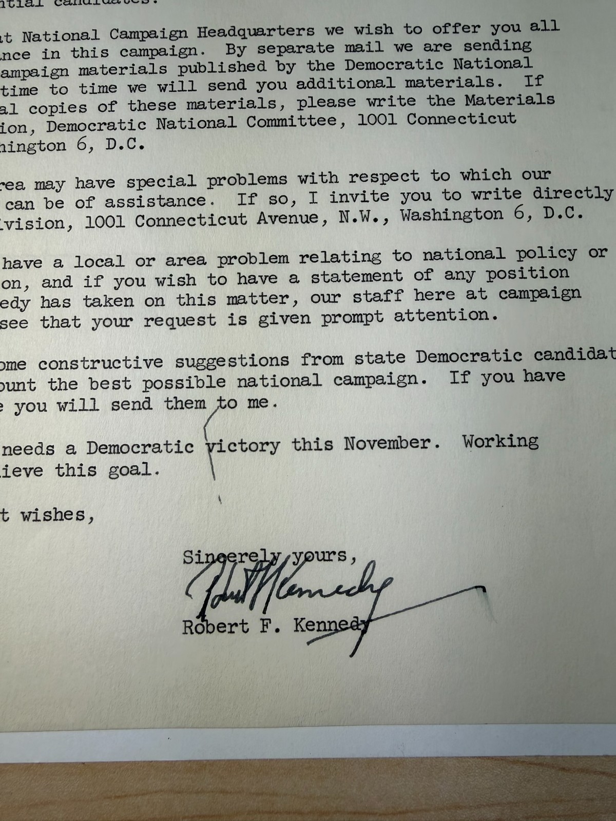 JFK John F Kennedy 1960 Presidential Campaign Letter “Signed” by Robert Kennedy