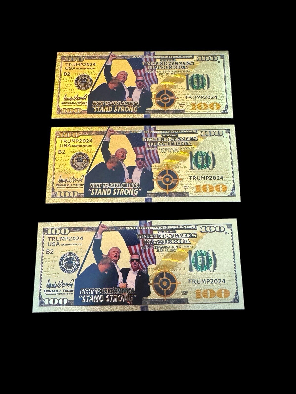 3-Lot Donald Trump 2024 Assassination Attempt Gold Banknote Replica Collectible