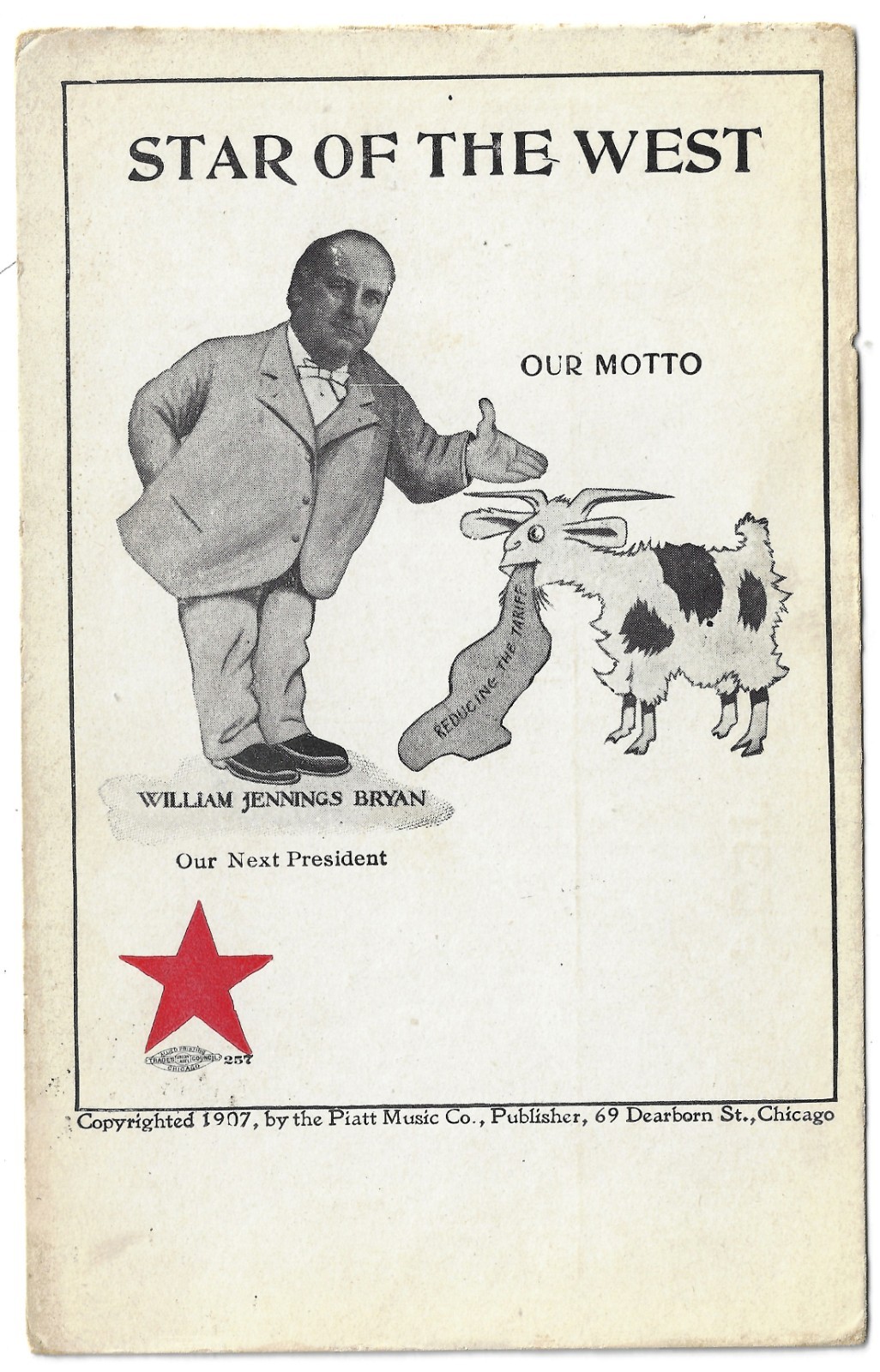 1908 Wm J Bryan Star of West Set #7 Prez Campaign Postcard Piatt Music Cartoon