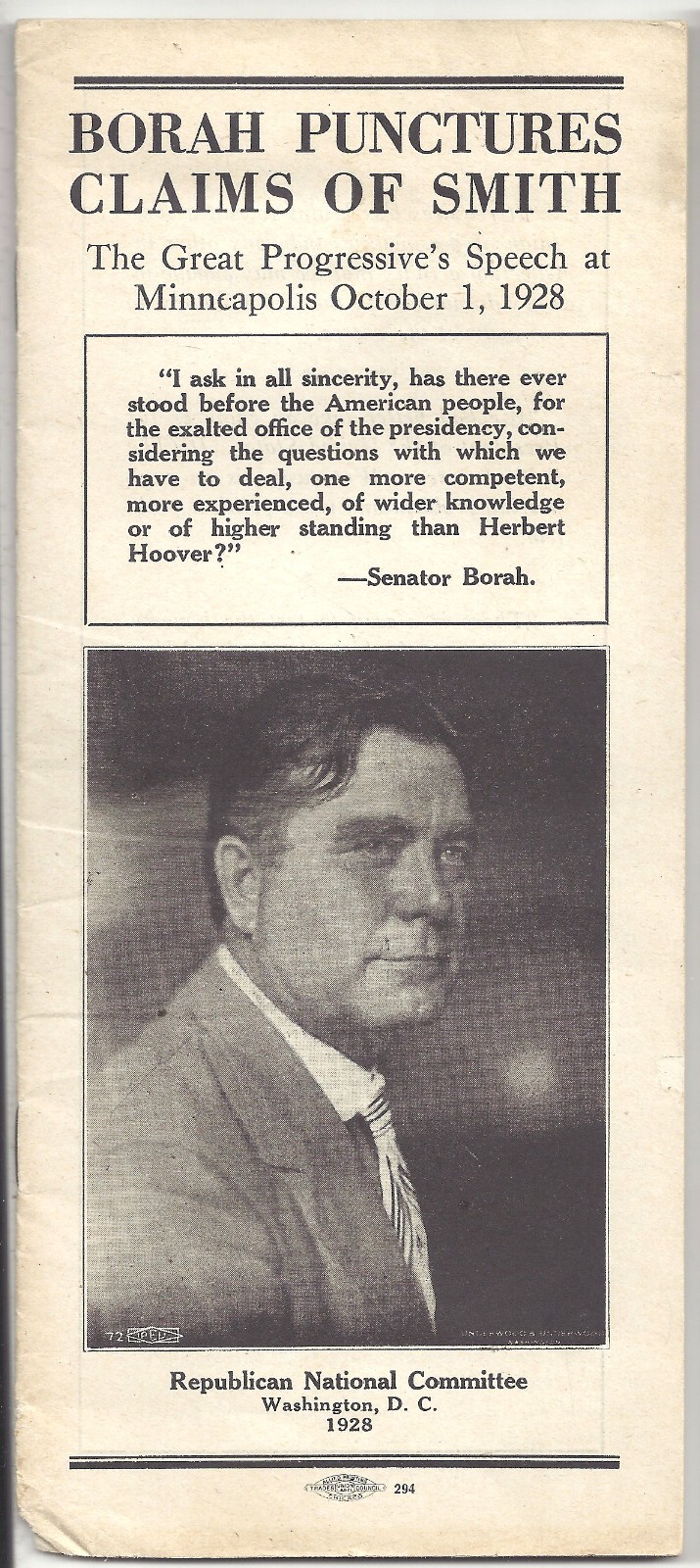 ID Sen. Wm BORAH Punctures AL SMITH’S Claims Pamphlet 1928 ~ Pro Herbert Hoover
