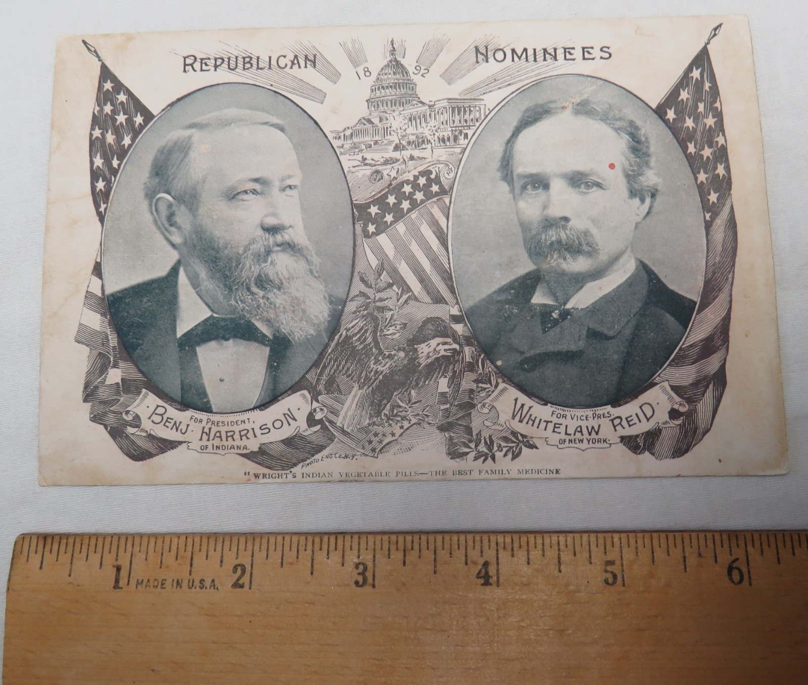 1892 Republican Nominees Benjamin Harrison Wrights Indian Pills Trade Card