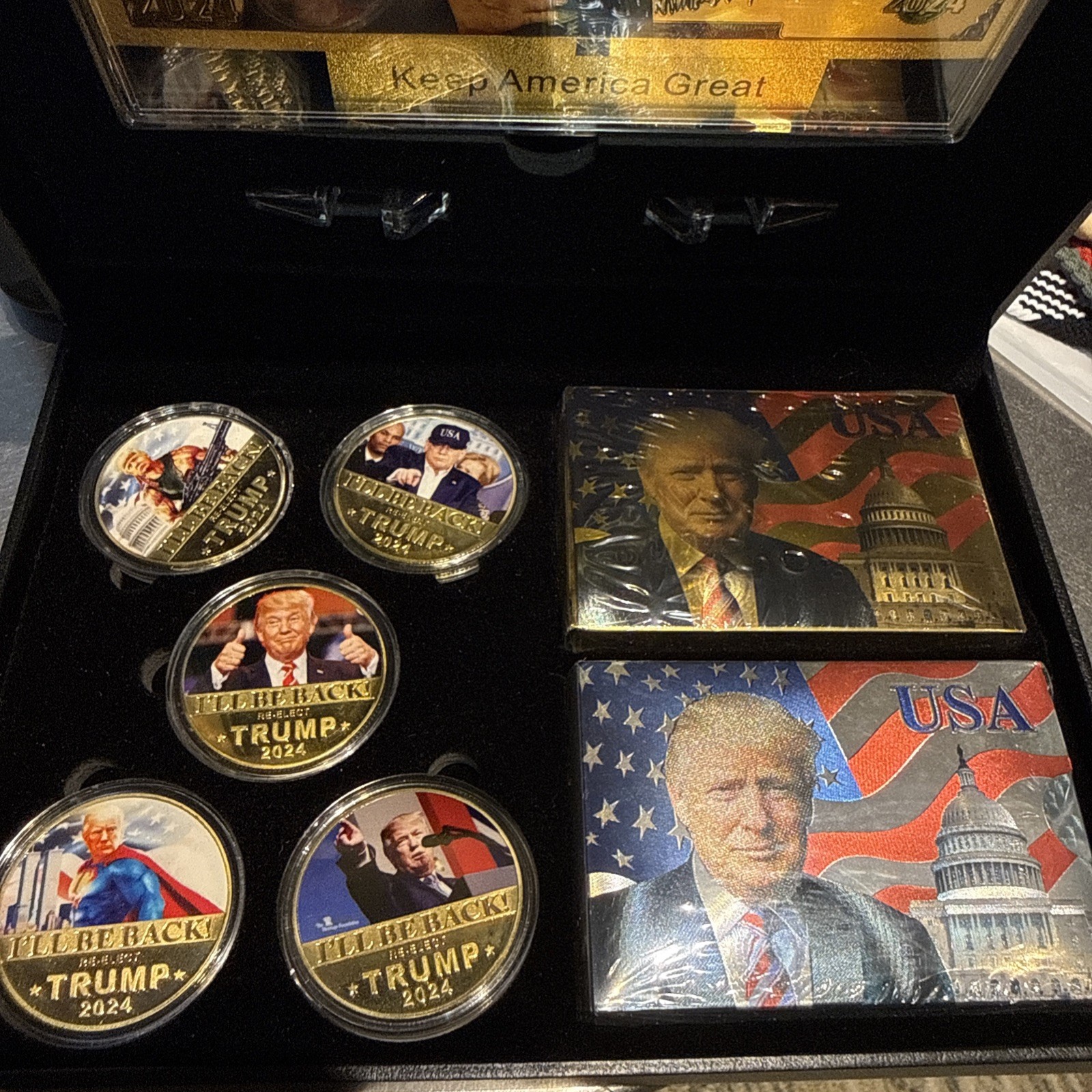 Trump 2024 Gold Plated 5 Coin Set with 2 Card Decks Display Case Limited Edition