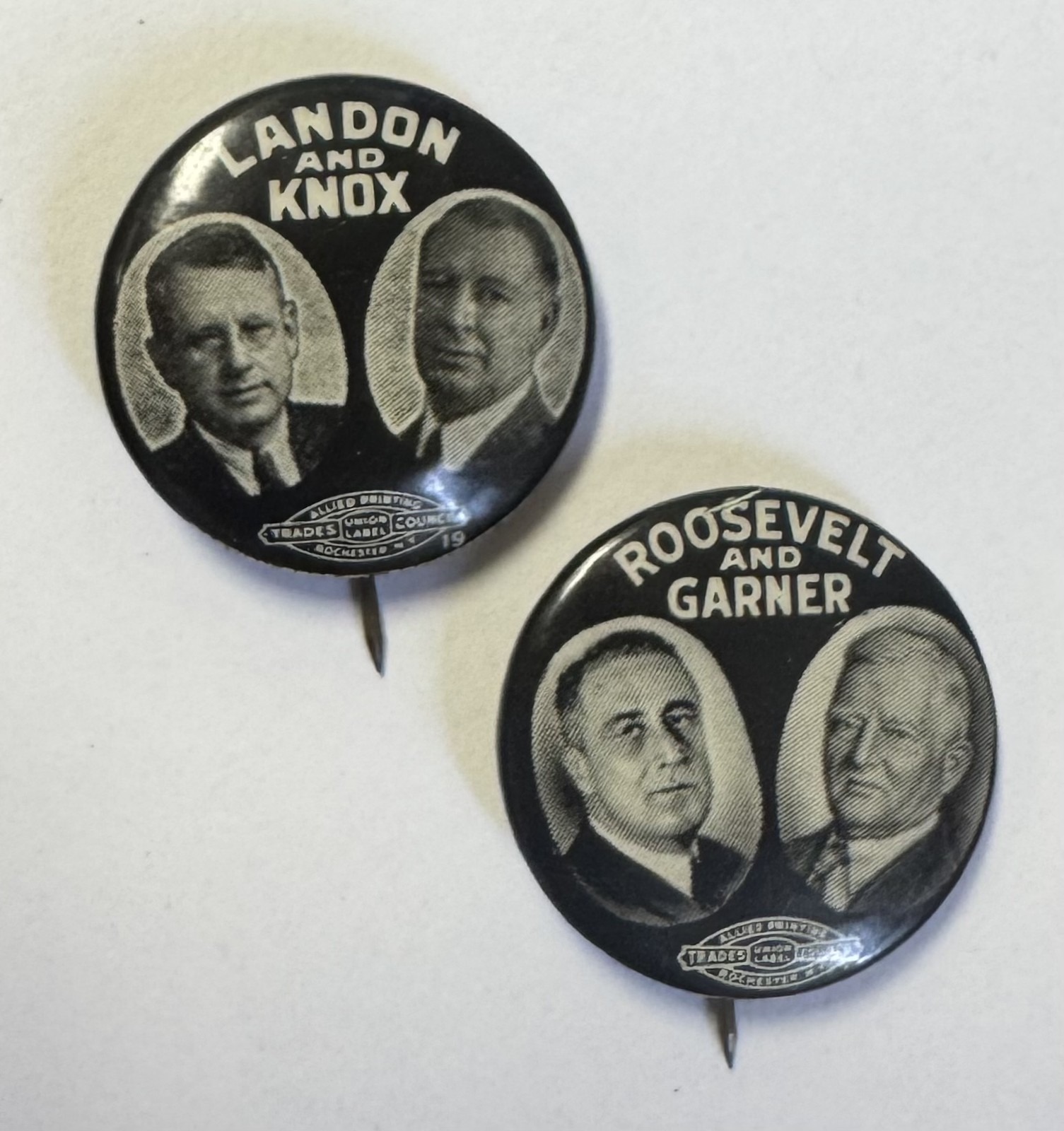 1936 LANDON-KNOX, ROOSEVELT-GARNER 7/8″ JUGATE CELLO CAMPAIGN BUTTONS (2)-MINT!