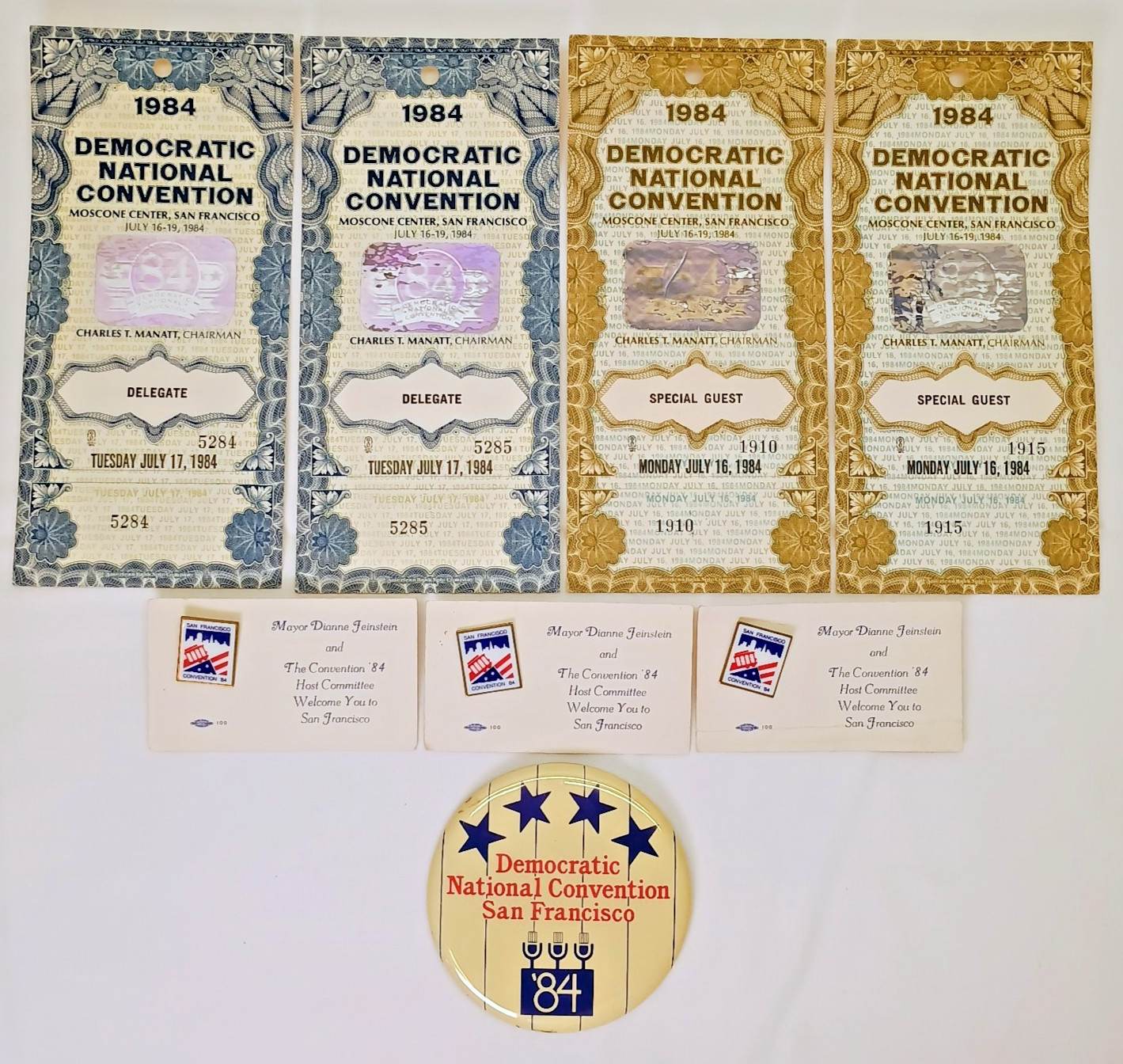1984 Democratic National Convention Delegate Collection w/ 4 Pass Pins + Button